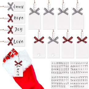 Jetec 12 Pieces Christmas Stocking Name Tag Wood Stocking Tags Wood Tags Dog Stocking Tags with Buffalo Plaid Bows and 4 Letter Stickers for Christmas Holiday Decoration (Dark Brown)