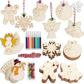 OurWarm 48pcs Wooden Christmas Ornaments, 6 Styles Unfinished Wood Slice Ornaments, DIY Christmas Ornaments Set with Bells, Colored Markers and Ropes, for DIY Craft Making and Christmas Tree Ornaments