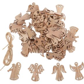 LOGOFUN 50Pcs Mini Wooden Angel Cutouts Christmas Unfinished Angel Miniature Wood Angel Hanging Ornament with Rope for DIY Party Supply - 1.97X1.57in
