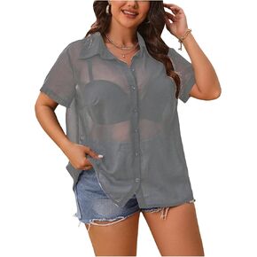 MakeMeChic Women's Plus Size Short Sleeve See Through Sheer Mesh Button Down Blouse Shirt Tops