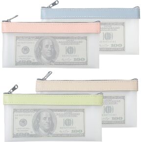 4 Pcs Money Bags With Zipper, 4 Colors Bank Deposit Money Pouchs, 7.6 x 3.7 inch Clear Money Organizer Envelopes for Cash