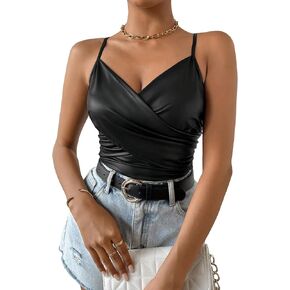 MakeMeChic Women's PU Leather Ruched V Neck Wrap Camisole Slim Fit Solid Casual Summer Shirt Cami Tops