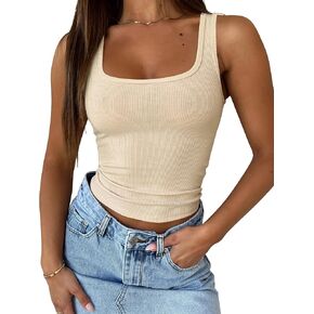 Cioatin Women Sleeveless Strappy U Scoop Neck Crop Tank Tops Y2K Ribbed Tight Fit Summer Workout Going Out Cami Shirt