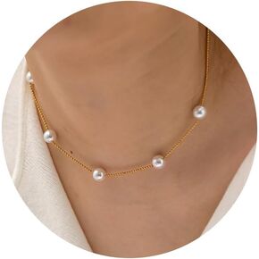 Dainty Pearl Necklace for Women，14K Gold Plated Layered Pearl Necklace Trendy Barque Chain Necklace Delicate Handmade Cultured Elegant Pearl Necklace Jewelry Gifts