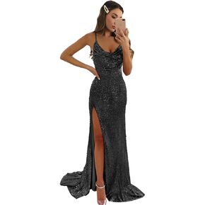 Mermaid Prom Dresses for Women with Slit Sparkly Sequins Cowl Neck Formal Evening Party Gown