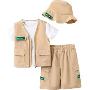 WDIRARA Boy's Summer Clothes Sleeveless Zip Up Cargo Vest and Shorts Sets with Bucket Hat