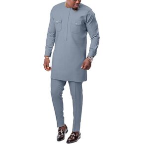 Men African Outfits 2 Piece Set Shirt Pants Nigerian Dashiki Suit Attire Clothing