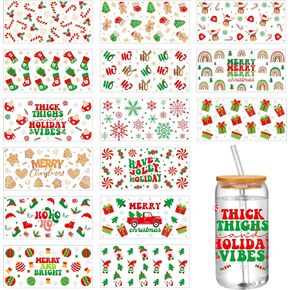 Jetec 15 Sheets Christmas UV Dtf Cup Wrap Transfer Sticker Xmas Glass Stickers for Cups Waterproof Rub on Transfers Gingerbread Man Elk Mug Sticker Decals for Crafting DIY Merry Christmas Holiday Vibe