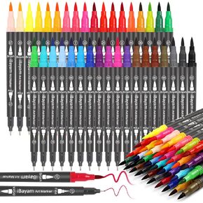 iBayam Coloring Markers for Adult Coloring Books, Stocking Stuffers for Kids Teens Boys Girls Gifts, Dual Brush Tip Markers & Fine Point Pens for Journaling Calligraphy Drawing Art Supplies Set Kits