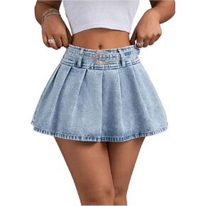 SHENHE Women's Low Rise Pleated Denim Mini Skirt Belted Y2k Summer Jean Mini Skirt
