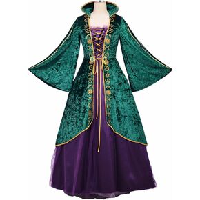 Witch Cosplay Costume Dress Medieval Green Renaissance Dress Robe Sets for Women