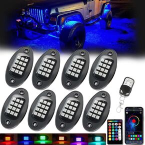8 Pods RGB LED Rock Lights for Trucks Pickup Jeep Golf ATV UTV SUV Offroad, Multicolor Car Underglow Kit with APP Music Mode, Waterproof Vehicle Under Glow Light Underneath Accent, 12V