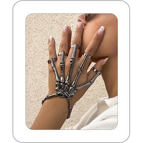 Bethynas Gothic Skull Skeleton Metal Fingers Hand Bracelet with Adjustable Ring Punk Bone Wristband Cosplay Jewelry for Women