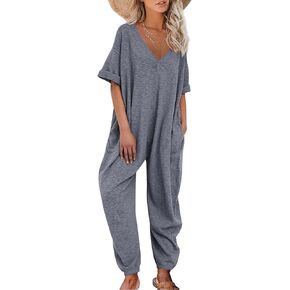 Nirovien Women's Solid Color V Neck Jumpsuits Half Sleeve Long Rompers Beam Foot Baggy Overalls Pants