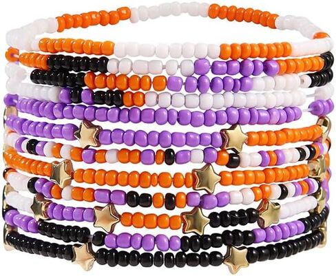 Handmade Halloween Multi-layered Beaded Bracelet for Women Black Orange Purple Colorful Halloween Thanksgiving Christmas Gifts Elastic Funny Pumpkin Ghost Halloween Bracelet in Saudi Arabia