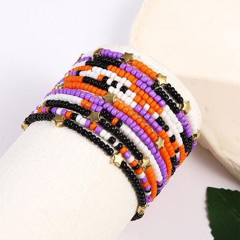 Handmade Halloween Multi-layered Beaded Bracelet for Women Black Orange Purple Colorful Halloween Thanksgiving Christmas Gifts Elastic Funny Pumpkin Ghost Halloween Bracelet in Saudi Arabia