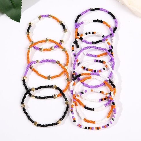Handmade Halloween Multi-layered Beaded Bracelet for Women Black Orange Purple Colorful Halloween Thanksgiving Christmas Gifts Elastic Funny Pumpkin Ghost Halloween Bracelet in Saudi Arabia