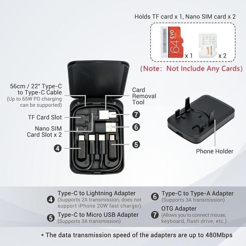 بطاقة كابل مع قارئ بطاقة SD عالي السرعة، كابل USB-C 3.1 Gen 2 متعدد الشحن مع مجموعة محول محول الضوء/USB A/MicroUSB/OTG وحامل بطاقة SD/TF لهواتف السفر والكاميرات وأجهزة الكمبيوتر الشخصية ونقل البيانات بدون طيار in Kuwait