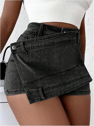 شورت دينم نسائي Y2K Street Vintage Skorts عالي الخصر غير متماثل مع جيوب أسود صغير in Kuwait