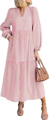 فساتين ماكسي نسائية NENONA 2024 مخططة بأكمام طويلة ورقبة على شكل V كاجوال فضفاضة متدرجة مع جيوب in Kuwait