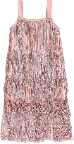 Little Kids Girls Sequin Fringe Dress Sparkly Tassels Sleeveless Latin Dance Dress Dancer Outfits for Girls in Kuwait