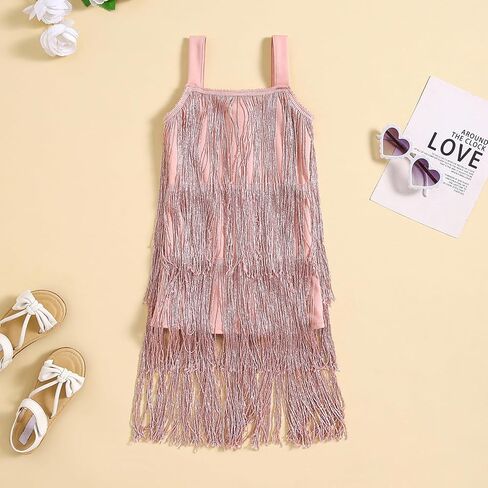 Little Kids Girls Sequin Fringe Dress Sparkly Tassels Sleeveless Latin Dance Dress Dancer Outfits for Girls in Kuwait