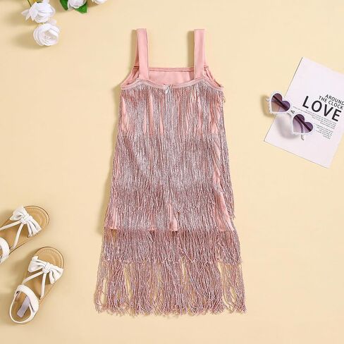 Little Kids Girls Sequin Fringe Dress Sparkly Tassels Sleeveless Latin Dance Dress Dancer Outfits for Girls in Kuwait