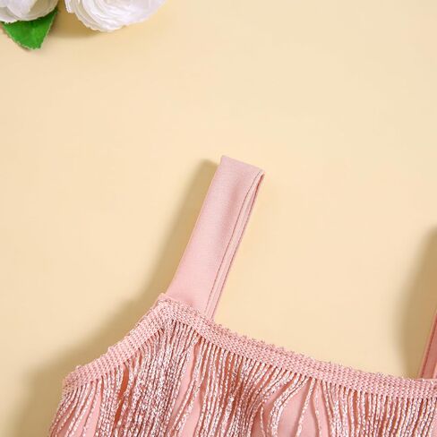 Little Kids Girls Sequin Fringe Dress Sparkly Tassels Sleeveless Latin Dance Dress Dancer Outfits for Girls in Kuwait