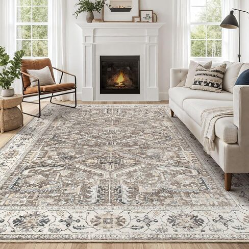 9x12 Area Rug for Living Room - Washable Soft Traditional Tribal Rug for Bedroom Dining Room Home Office, Non-Slip Stain Resistant Vintage Distressed Indoor Floor Carpet- Dark Brown in Saudi Arabia