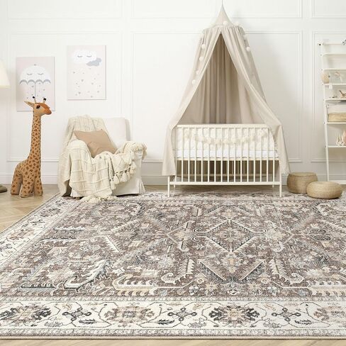 9x12 Area Rug for Living Room - Washable Soft Traditional Tribal Rug for Bedroom Dining Room Home Office, Non-Slip Stain Resistant Vintage Distressed Indoor Floor Carpet- Dark Brown in Saudi Arabia