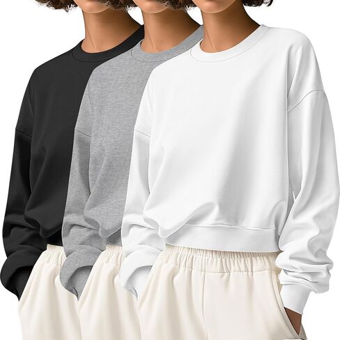 Ficerd 3 Pack Women's Cropped Sweatshirts Long Sleeve Cotton Crew Neck Pullover Tops Casual Solid Sweat Shirts in Kuwait