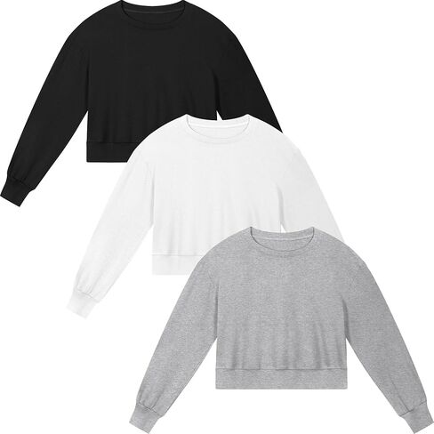 Ficerd 3 Pack Women's Cropped Sweatshirts Long Sleeve Cotton Crew Neck Pullover Tops Casual Solid Sweat Shirts in Kuwait