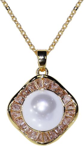 10mm Japanese akoya Pearl Pendant Necklace with Diamonds for Women - 10mm Tahitian Pearl Necklace with Diamonds Single Pearl Necklace for Women with 925 Sterling Silver Chain in Saudi Arabia