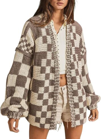 SELINK Women's Cardigan Sweater Vintage Open Front Mixed Checkered Pattern Chunky Knit Plaid Long Sleeve Daily Outwear in Saudi Arabia