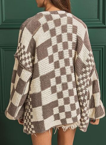 SELINK Women's Cardigan Sweater Vintage Open Front Mixed Checkered Pattern Chunky Knit Plaid Long Sleeve Daily Outwear in Saudi Arabia