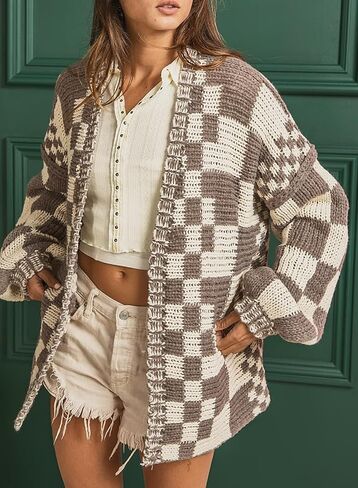 SELINK Women's Cardigan Sweater Vintage Open Front Mixed Checkered Pattern Chunky Knit Plaid Long Sleeve Daily Outwear in Saudi Arabia