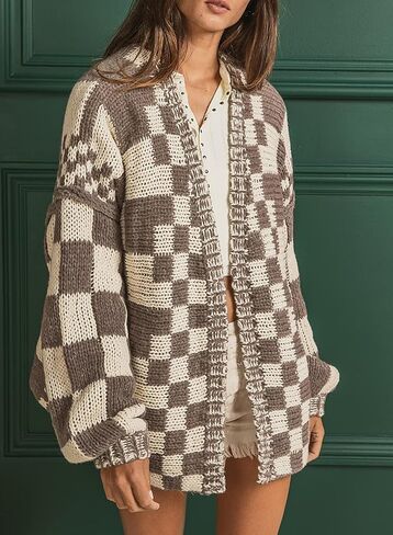 SELINK Women's Cardigan Sweater Vintage Open Front Mixed Checkered Pattern Chunky Knit Plaid Long Sleeve Daily Outwear in Saudi Arabia