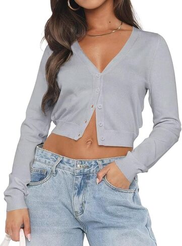 LEEDYA Women's Long Sleeve Cardigans Open Front Knit Cropped Sweaters Fall V Neck Button Down Jacket Tops in Saudi Arabia