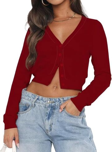 LEEDYA Women's Long Sleeve Cardigans Open Front Knit Cropped Sweaters Fall V Neck Button Down Jacket Tops in Saudi Arabia