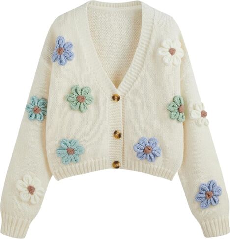 CIDER Women’s Floral Cropped Cardigan Cute Flower V Neck Button Down Trendy Sweater in Kuwait