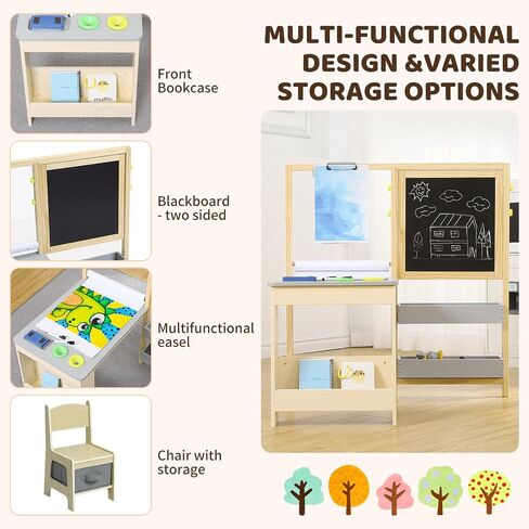 Easel for Kids, Kids Art Table and 2 Chairs,Wooden Art Center with Double-Sided Blackboard & Whiteboard, Paper Roll for Drawing, Crafts, Writing, Toddler Activity Table with Storage in Saudi Arabia