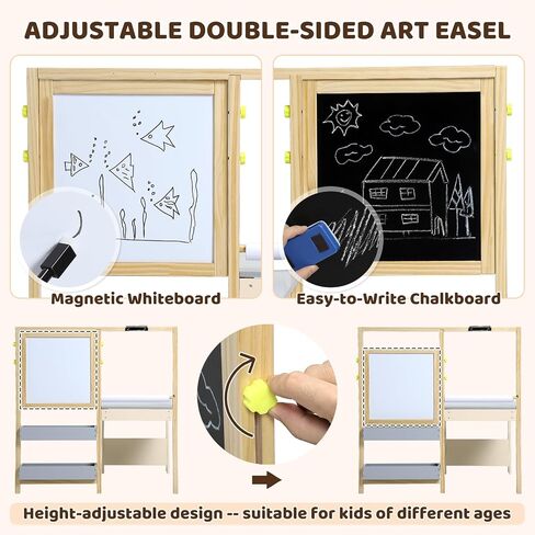 Easel for Kids, Kids Art Table and 2 Chairs,Wooden Art Center with Double-Sided Blackboard & Whiteboard, Paper Roll for Drawing, Crafts, Writing, Toddler Activity Table with Storage in Saudi Arabia