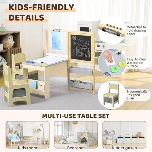 Easel for Kids, Kids Art Table and 2 Chairs,Wooden Art Center with Double-Sided Blackboard & Whiteboard, Paper Roll for Drawing, Crafts, Writing, Toddler Activity Table with Storage in Saudi Arabia