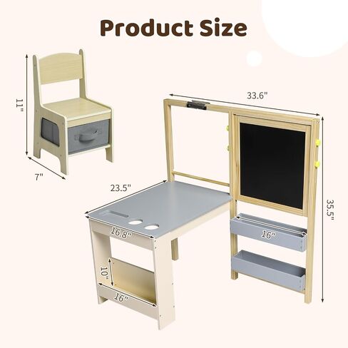 Easel for Kids, Kids Art Table and 2 Chairs,Wooden Art Center with Double-Sided Blackboard & Whiteboard, Paper Roll for Drawing, Crafts, Writing, Toddler Activity Table with Storage in Saudi Arabia