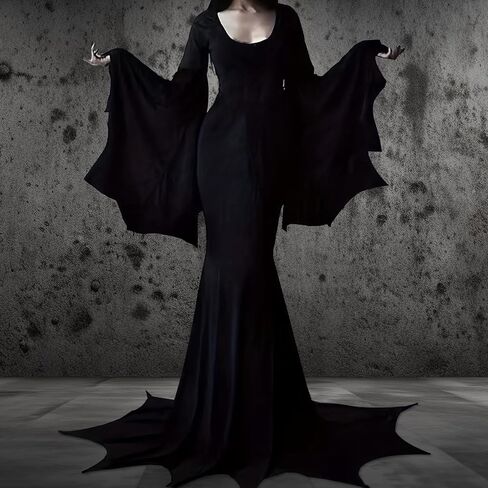 أزياء عائلة YOGFIT Addams لشخصية Morticia فستان طويل أسود قوطي بأكمام الخفافيش أزياء الهالوين التأثيرية للنساء in Kuwait