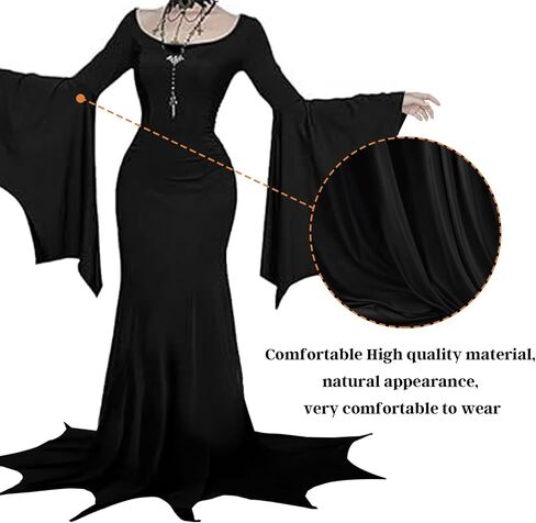 أزياء عائلة YOGFIT Addams لشخصية Morticia فستان طويل أسود قوطي بأكمام الخفافيش أزياء الهالوين التأثيرية للنساء in Kuwait