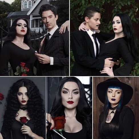 أزياء عائلة YOGFIT Addams لشخصية Morticia فستان طويل أسود قوطي بأكمام الخفافيش أزياء الهالوين التأثيرية للنساء in Kuwait