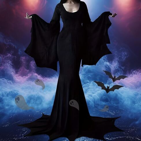 أزياء عائلة YOGFIT Addams لشخصية Morticia فستان طويل أسود قوطي بأكمام الخفافيش أزياء الهالوين التأثيرية للنساء in Kuwait