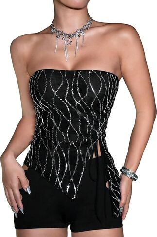 SOLY HUX Women's Sparkly Sequins Party Club Tube Tops Strapless Slit Sexy Bandeau Top in Saudi Arabia