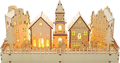 CCINEE Pre-Lit Christmas Village House LED Wooden Christmas Scene House with Lights Battery Operated Luminous Farmhouse Christmas Desktop Decoration for Xmas Party Tabletop Mantle Decor in Saudi Arabia